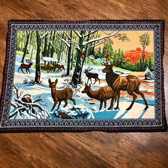 VTG Deer Elk Tapestry Wall Hanging Rug Rustic BOHO - Picture 1 of 7